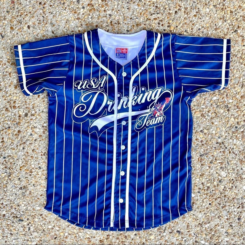 NWOT Men's USA Drinking Team Striped Baseball Softball Blue Jersey Shirt Size S